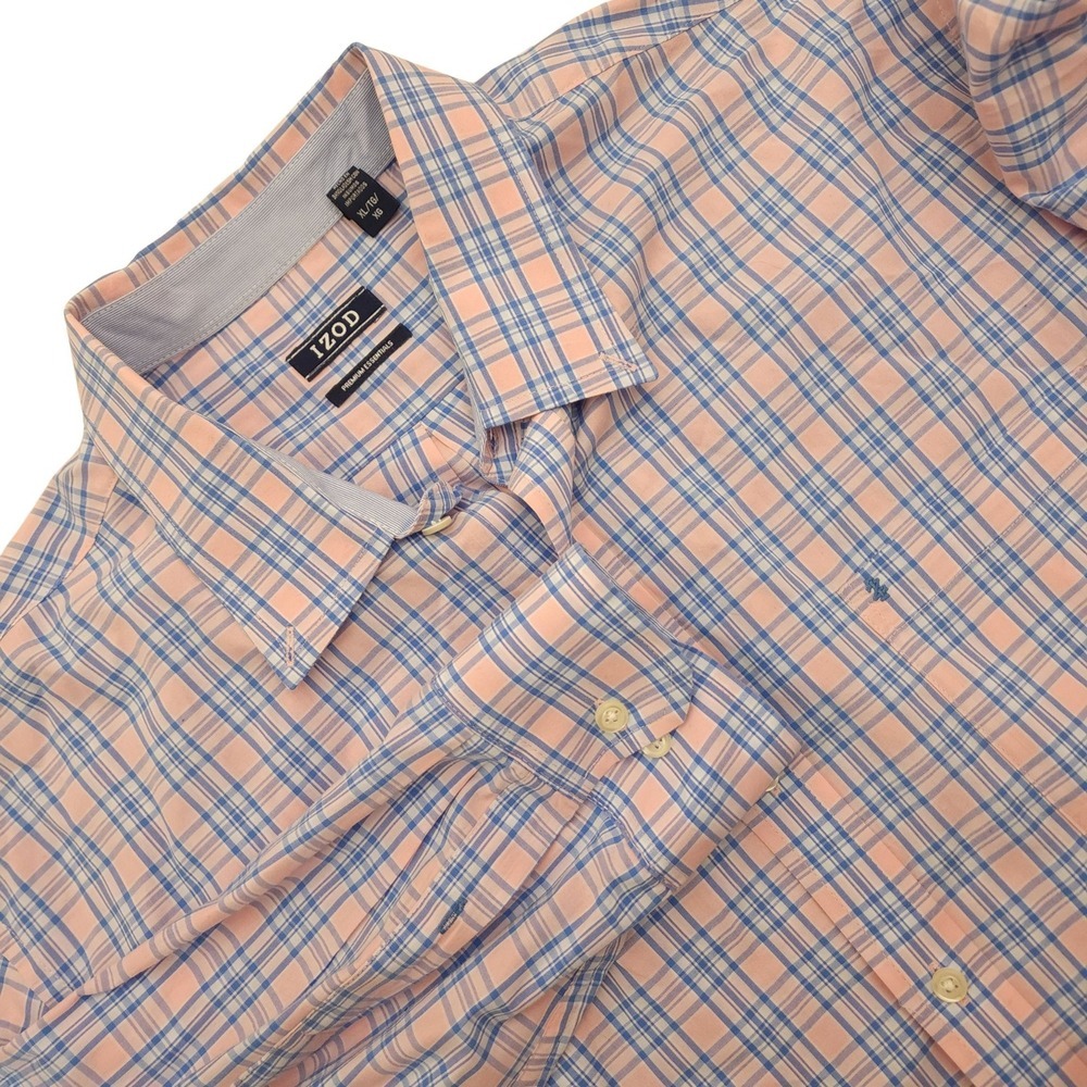 IZOD Mens XL Premium Essentials Plaid Button Down Shirt Peach Blue Cotton
